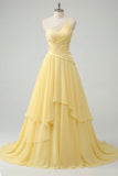 A Line Butter Yellow Ruched One Shoulder Long Prom Dress