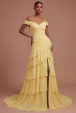Tiered A Line Butter Yellow Off the Shoulder Long Prom Dress with Slit