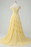Tiered A Line Butter Yellow Off the Shoulder Long Prom Dress with Slit