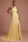 Ruched One Shoulder Butter Yellow Long Prom Dress with Slit