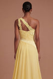 Ruched One Shoulder Butter Yellow Long Prom Dress with Slit