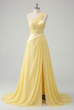 Ruched One Shoulder Butter Yellow Long Prom Dress with Slit