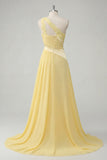 Ruched One Shoulder Butter Yellow Long Prom Dress with Slit