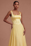 A Line Square Neck Corset Butter Yellow Long Prom Dress