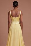 A Line Square Neck Corset Butter Yellow Long Prom Dress