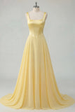 A Line Square Neck Corset Butter Yellow Long Prom Dress