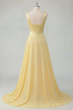 A Line Square Neck Corset Butter Yellow Long Prom Dress