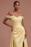 Off the Shoulder Butter Yellow Appliqued Ruched Long Prom Dress with Slit