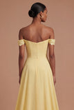 Off the Shoulder Butter Yellow Appliqued Ruched Long Prom Dress with Slit