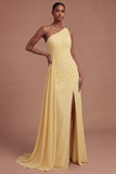 One Shoulder A Line Butter Yellow Ruched Long Prom Dress with Slit
