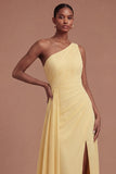 One Shoulder A Line Butter Yellow Ruched Long Prom Dress with Slit