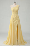 One Shoulder A Line Butter Yellow Ruched Long Prom Dress with Slit