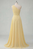One Shoulder A Line Butter Yellow Ruched Long Prom Dress with Slit