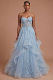 A Line Floral Corset Appliqued Blue Long Prom Dress