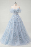 Appliqued Floral Corset Blue Long Prom Dress