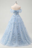 Appliqued Floral Corset Blue Long Prom Dress