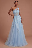 One Shoulder Appliqued Floral Corset Blue Long Prom Dress