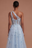 One Shoulder Appliqued Floral Corset Blue Long Prom Dress