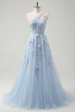 One Shoulder Appliqued Floral Corset Blue Long Prom Dress