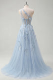 One Shoulder Appliqued Floral Corset Blue Long Prom Dress