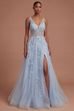 Appliqued Floral Thick Straps Corset Blue Long Prom Dress with Slit