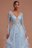 Long Sleeves Corset Floral Blue Long Prom Dress