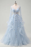 Long Sleeves Corset Floral Blue Long Prom Dress