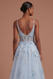 A Line Corset Floral Blue Long Prom Dress