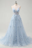 A Line Corset Floral Blue Long Prom Dress