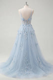 A Line Corset Floral Blue Long Prom Dress