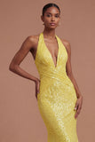Sparkly Yellow Halter Neck Mermaid Long Prom Dress