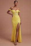 Corset Mermaid Sparkly Yellow Long Prom Dress with Slit