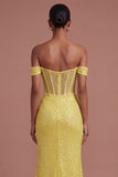 Corset Mermaid Sparkly Yellow Long Prom Dress with Slit