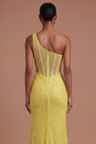 One Shoulder Corset Sparkly Yellow Mermaid Long Prom Dress with Slit