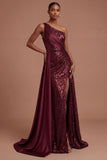 Burgundy Mermaid Sparkly Sequined Long Prom Dress with Slit