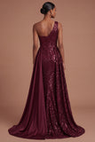 Burgundy Mermaid Sparkly Sequined Long Prom Dress with Slit
