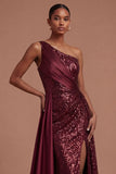 Burgundy Mermaid Sparkly Sequined Long Prom Dress with Slit