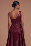 Burgundy Mermaid Sparkly Sequined Long Prom Dress with Slit