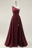 Burgundy Mermaid Sparkly Sequined Long Prom Dress with Slit