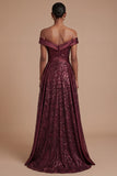 Burgundy Off the Shoulder Sparkly Sequined Long Prom Dress