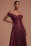 Burgundy Off the Shoulder Sparkly Sequined Long Prom Dress