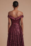 Burgundy Off the Shoulder Sparkly Sequined Long Prom Dress