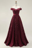 Burgundy Off the Shoulder Sparkly Sequined Long Prom Dress