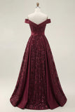 Burgundy Off the Shoulder Sparkly Sequined Long Prom Dress