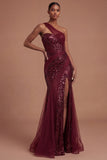 Corset Burgundy Mermaid One Shoulder Ruched Long Prom Dress with Slit