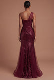Corset Burgundy Mermaid One Shoulder Ruched Long Prom Dress with Slit