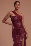 Corset Burgundy Mermaid One Shoulder Ruched Long Prom Dress with Slit