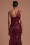 Corset Burgundy Mermaid One Shoulder Ruched Long Prom Dress with Slit