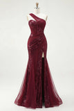 Corset Burgundy Mermaid One Shoulder Ruched Long Prom Dress with Slit