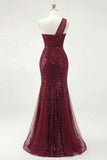 Corset Burgundy Mermaid One Shoulder Ruched Long Prom Dress with Slit